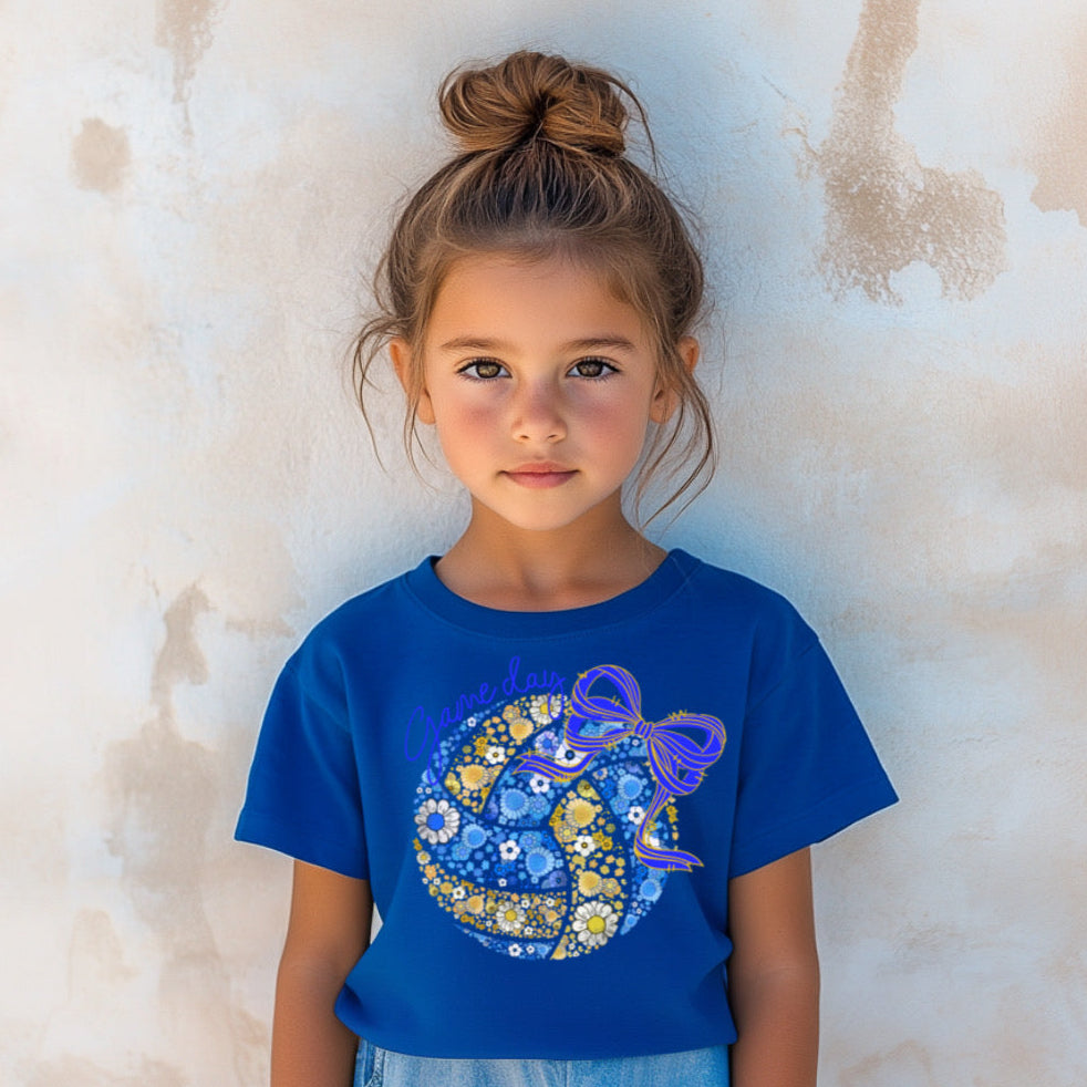 Blue and yellow volleyball floral T shirt